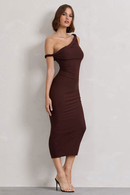 Salome | Vestido midi en marrón chocolate con escote asimétrico retorcido
