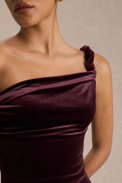 Carella | Vestido Midi Asimétrico de Terciopelo Burdeos con Detalle Retorcido