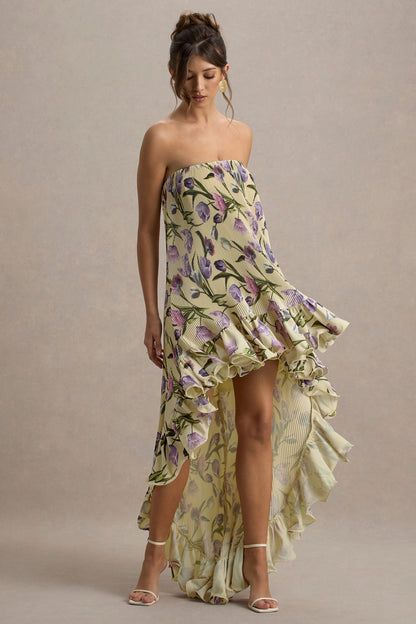 Whistler | Vestido largo con estampado floral con Volantes y Dobladillo Asimétrico
