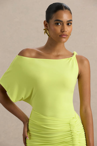 Marci | Vestido corto en Verde Lima Asimétrico Fruncido con Fajín