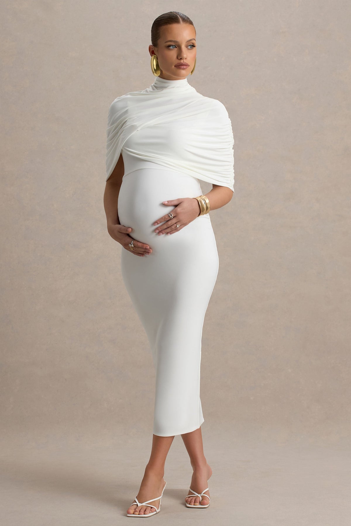 Augustina | Vestido midi premamá blanco con detalle de capa