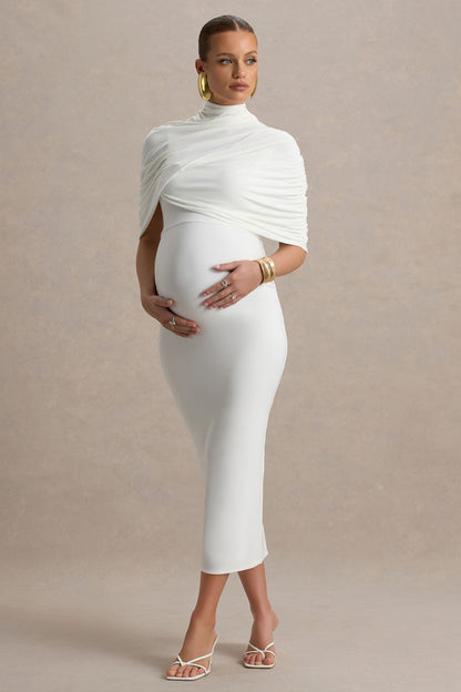 Augustina | Vestido midi premamá blanco con detalle de capa