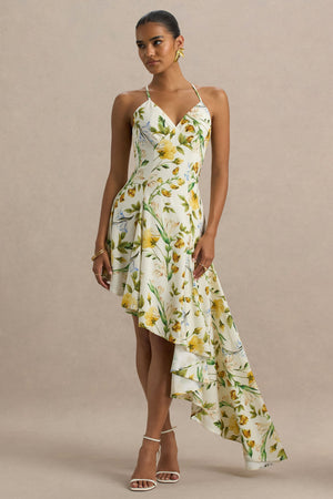 Glint | Vestido largo de Satén con Estampado floral Blanco y Dobladillo Asimétrico