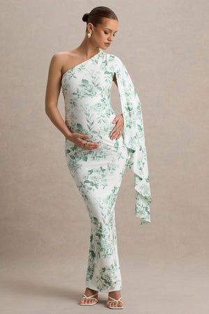 Aliana | Vestido largo premamá con una manga larga y estampado floral verdoso