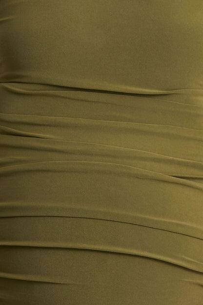 Lisbon | Vestido premamá midi en color oliva con escote cuadrado y fruncidos