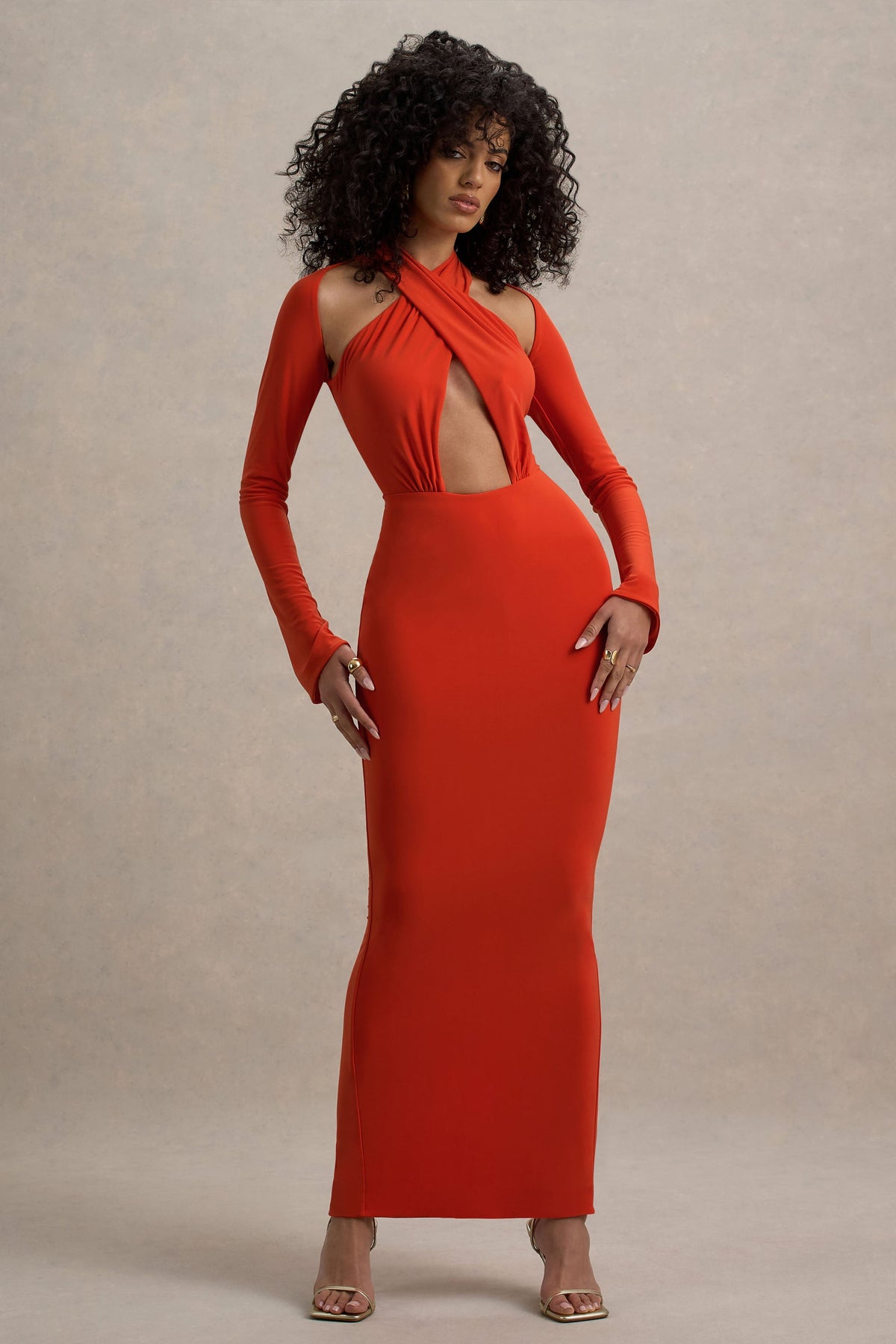 Gita | Vestido largo naranja cut out con mangas largas