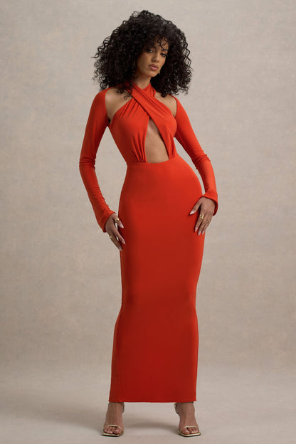 Gita | Vestido largo naranja cut out con mangas largas