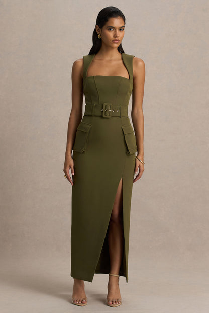 Sandra | Vestido Largo Verde Oliva Entallado con Escote Cuadrado y Abertura Frontal Alta