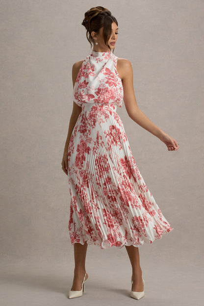 Nila | Vestido midi con estampado floral en colores crema y escote con caída