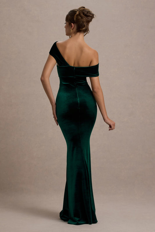 Candela |Vestido largo de Terciopelo verde botella con Escote Bardot Asimétrico