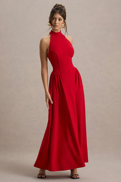 Cynthia | Vestido largo Rojo con Escote Alto y Falda Voluminosa