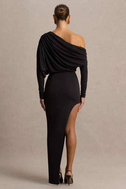 Olivia | Vestido Largo Negro de Escote Asimétrico con Detalle Fruncido y Abertura Frontal
