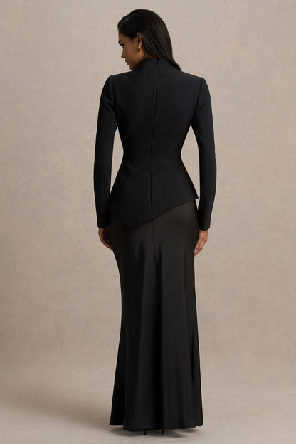 Pepita | Vestido Largo Crema de Escote Alto con Cintura Asimétrica y Falda de Satén