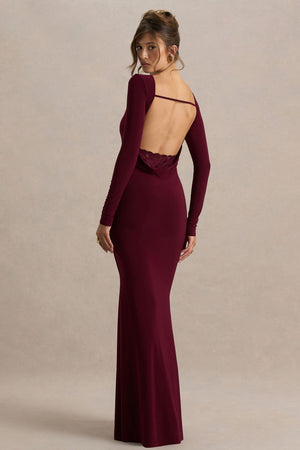 Estelle | Vestido Largo Burdeos Con Escote Barco, Espalda Abierta y Detalle de Encaje
