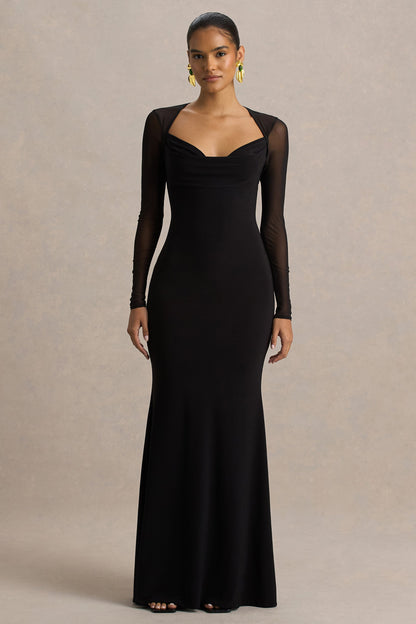 Bethan | Vestido Largo Negro Con Escote Drapeado, Mangas De Malla y Espalda Abierta