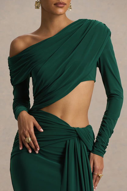 Mikayla | Vestido Largo Verde Oscuro De Escote Asimétrico Con Falda Cruzada Y Recorte