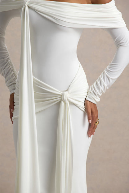 Jovie | Vestido largo blanco entallado con detalles de nudo y drapeado