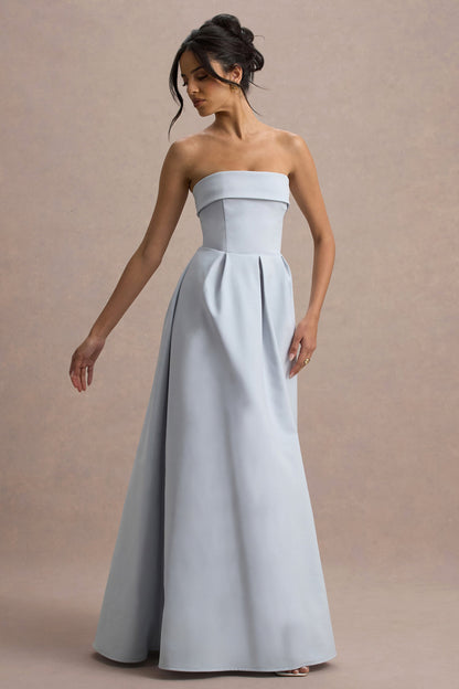 Maddalena | Vestido largo en azul empolvado con falda plisada