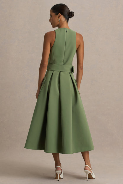 Elisia | Vestido Midi Verde Oliva con Escote Redondo y Cinturón