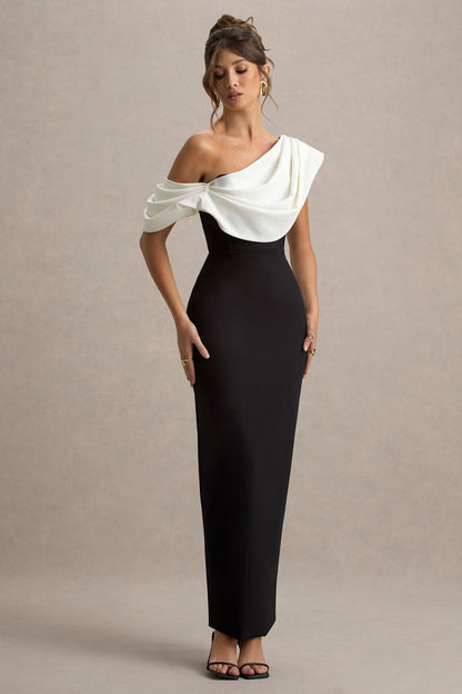 Angelina | Vestido largo negro y escote asimétrico con detalle drapeado en blanco
