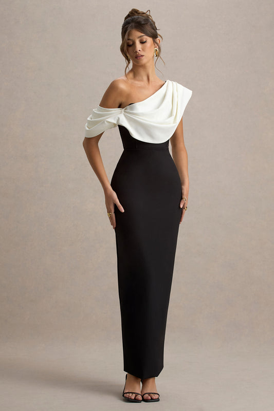 Angelina | Vestido largo negro y escote asimétrico con detalle drapeado en blanco