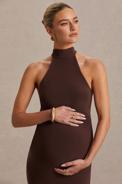 Mireille | Vestido Midi Premamá Marrón con Escote Halter