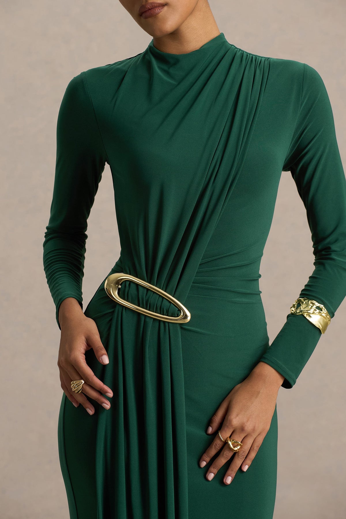 Zadie | Vestido Largo verde azulado de cuello alto con detalle fruncido