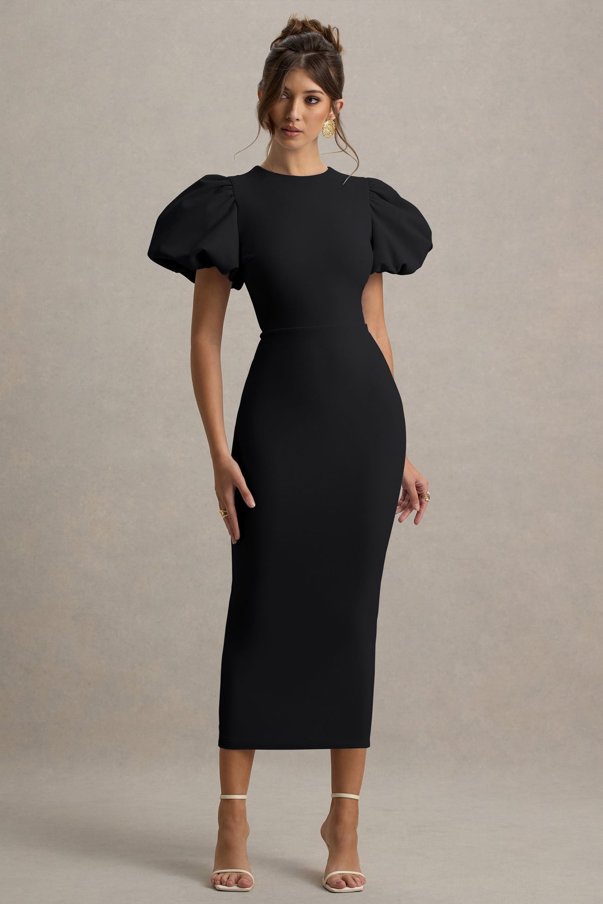 Dakota |  Vestido midi negro con mangas abullonadas