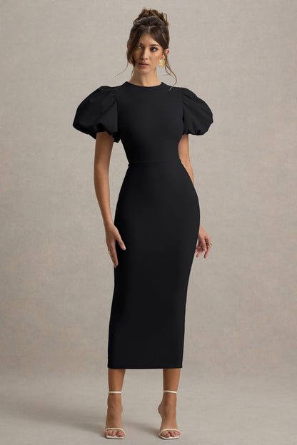 Dakota |  Vestido midi negro con mangas abullonadas