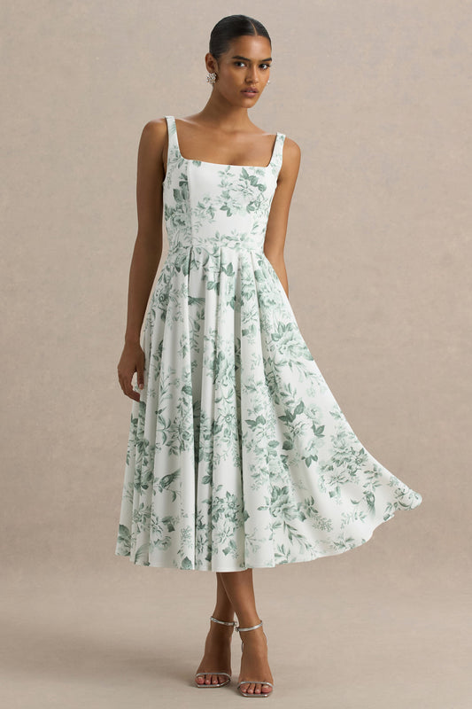 Lissa | Vestido Midi con Escote Cuadrado y Estampado Verde floral