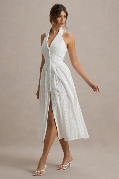 Jezebel | Vestido midi bordado blanco con escote halter