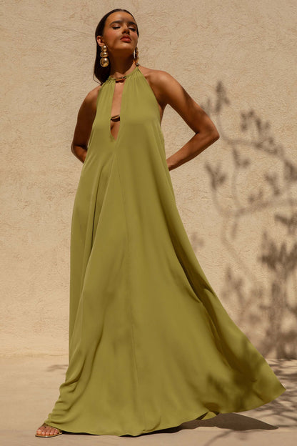 Zyon | Vestido largo con detalle de cuentas doradas en verde