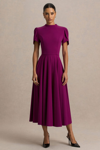 Vicky | Vestido Midi Color Morera Con Escote Alto Y Mangas Abullonadas