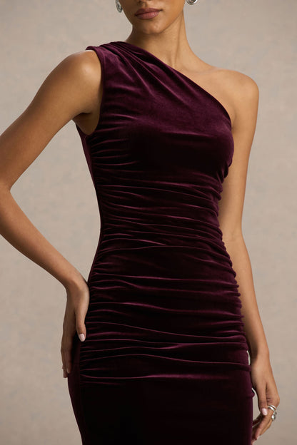 Treat | Vestido Largo Verde Burdeos con Escote Asimétrico y Detalle Fruncido