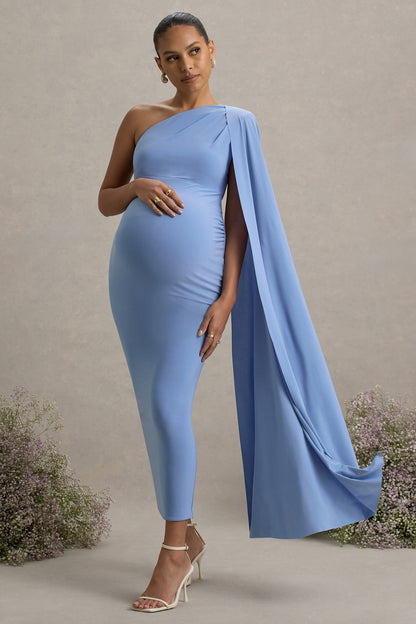 Amaryllis | Vestido Largo Celeste de premamá Asimétrico con Manga Capa
