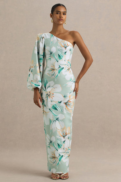 Kellis | Vestido largo Asimétrico con Manga Abullonada en Estampado Floral Verde