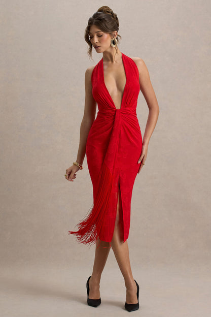 Auria | Vestido rojo midi con escote pronunciado y detalle de nudo con flecos