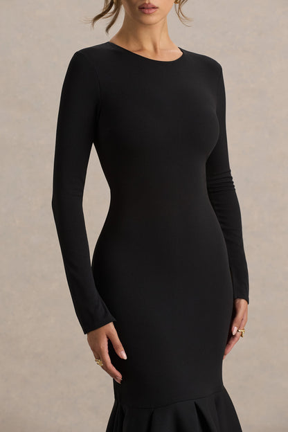 Liberty | Vestido midi negro con mangas largas y bajo con volante