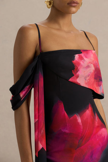 Leonara | Vestido largo con detalle de flor rojizas y una manga drapeada