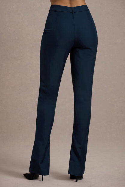 Wonder Woman | Pantalones Rectos de Talle Alto con Abertura en el Dobladillo en Color Azul Marino