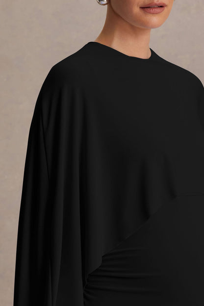 Padma | Vestido Largo Premamá Negro Drapeado con Mangas Capa