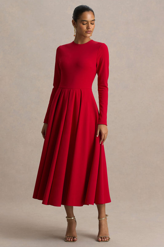 Bellamy | Vestido Midi Rojo con Escote Redondo y Mangas Largas