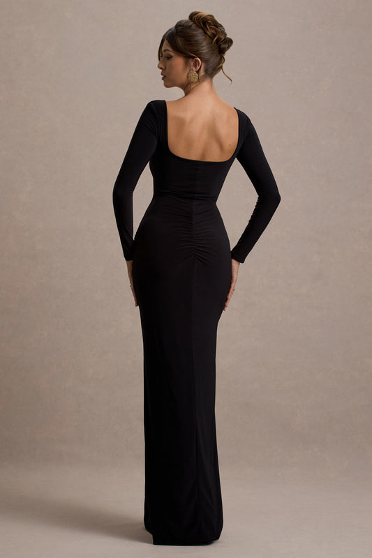 My Pleasure | Vestido Largo Negro con Cuello Cuadrado y Fruncido