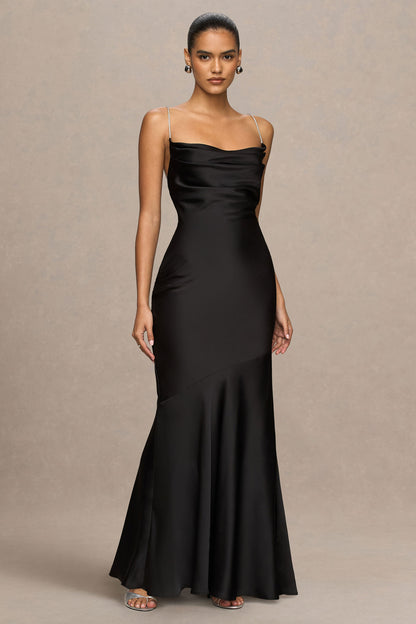 Maelia | Vestido largo de satén negro con escote drapeado y tirantes adornados