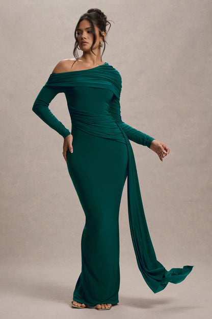 Valina | Vestido largo verde botella con drapeado lateral y mangas largas