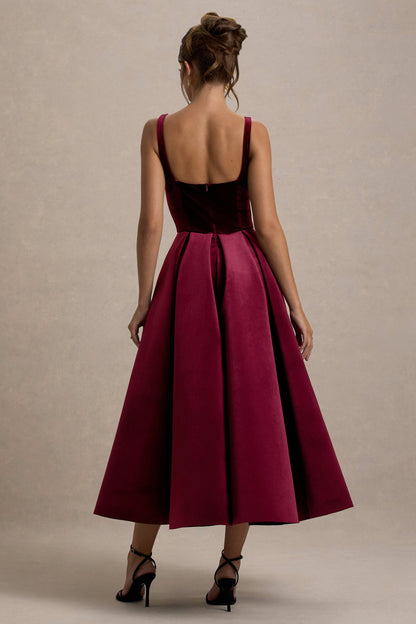 Francisca | Vestido midi de terciopelo burdeos con falda plisada