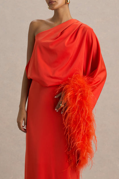 Felicity | Vestido Largo naranja de satén con escote asimétrico con plumas y detalles fruncidos