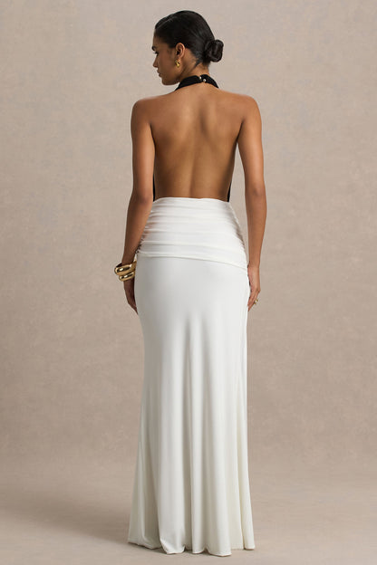 Tilly | Vestido Cruzado Largo Negro Y Blanco Con Escote Profundo Extremo Y Detalles Fruncidos