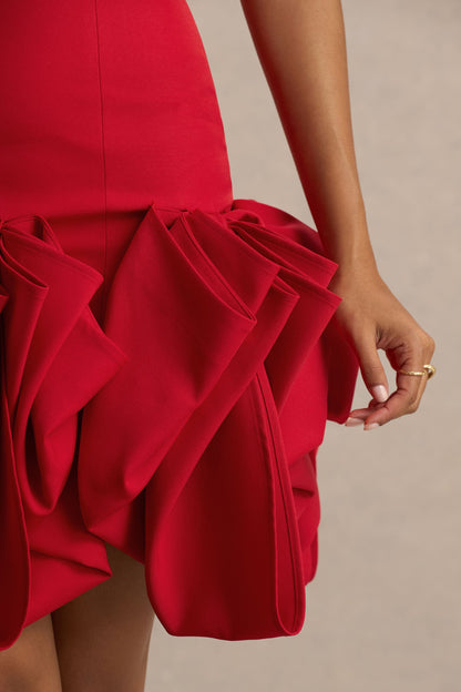 Erica | Vestido rojo corto con escote bandeau y falda globo
