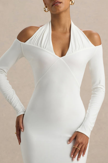 Living High | Vestido largo Blanco con Cuello Halter y Mangas Largas.